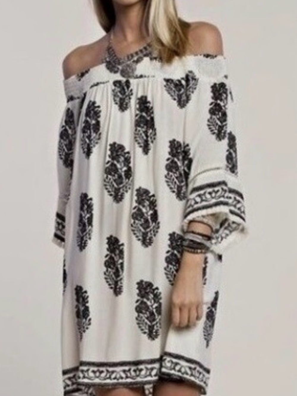 Kori White Off-Shoulder Mini Dress with Black Floral Print
